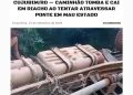Caminhão tombado após cair em riacho durante tentativa de atravessar ponte na área rural de Cujubim, Rondônia