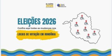 Arte do TRE-RO sobre os locais de votação das Eleições 2026 em Rondônia.